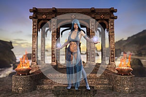 Beautiful fantasy sorceress mage or priestess standing on the altar of an ancient temple by the sea at sunset casting spells. 3D