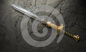 Beautiful fantasy sword posed on a stone wall