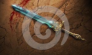 Beautiful fantasy sword posed on a stone wall