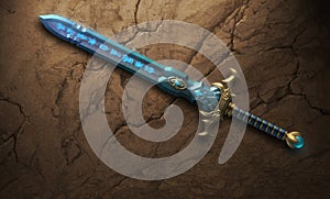 Beautiful fantasy sword posed on a stone wall