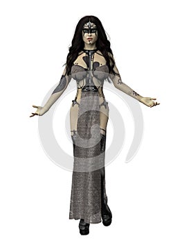 Beautiful fantasy witch woman with black tattoos wearing revealing costume. 3D illustration isolated