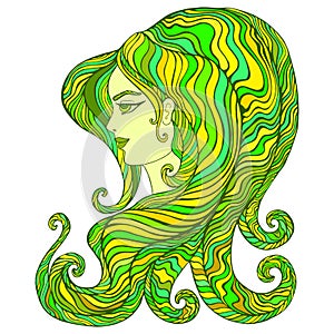 Beautiful fantasy woman with green hair forest fairy shaman. Isolated pattern