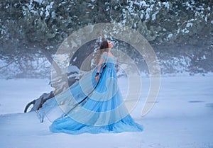 Beautiful fantasy woman in a medieval blue lush dress walks in winter forest. Vintage historical clothing flies in wind