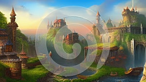 A beautiful fantasy world. A village with beautiful towers and houses against a clear blue sky. A summer day