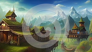 A beautiful fantasy world. A village with beautiful towers and houses on the background of a clear blue sky