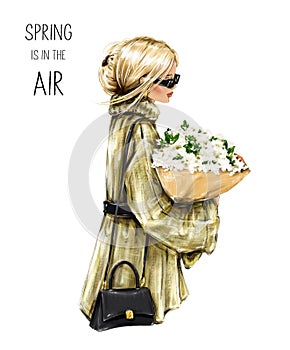Beautiful fashion blond hair woman with flowers. Stylish girl holding bouquet. Pretty woman in sunglasses.