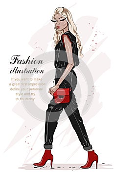 Beautiful fashion girl hand drawn with black and red colors. Stylish woman in fashion clothes. Sketch. Full body woman portrait.