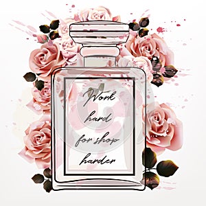 Beautiful fashion illustration with pink perfume glass bottle an