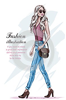 Beautiful fashion model with blonde hair. Hand drawn stylish young woman walking.