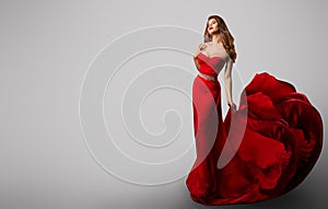 Beautiful Fashion Model Girl in Red Dress, Woman Beauty Portrait, Lady in Long Sexy Gown