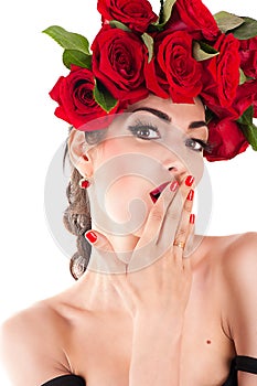 Beautiful fashion model with red roses