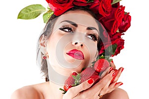 Beautiful fashion model with red roses