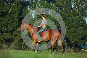 Beautiful fashion model woman bareback ride horse