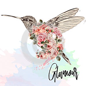 Beautiful fashion vector illustration with pink hummingbird and