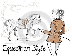 Beautiful fashion woman with english equestrian sport hunting style jacket and horse with saddle.