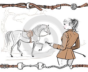 Beautiful fashion woman with english equestrian sport hunting style jacket and horse with saddle. Rider girl, tree hand drawing ar