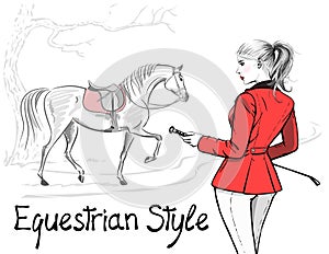 Beautiful fashion woman with english equestrian sport hunting style red jacket and horse with saddle.