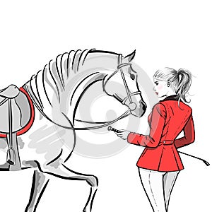 Beautiful fashion woman with english equestrian sport hunting style red jacket and horse with saddle.