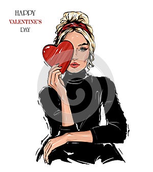 Beautiful fashion woman holding red heart. Valentines day concept. Vector illustration