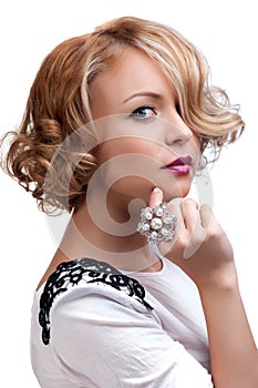 Beautiful fashion woman with a pearl ring