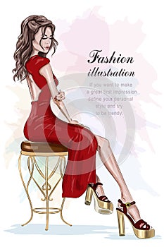 Beautiful fashion woman in red dress sitting on vintage chair. Sketch. Hand drawn pretty girl.