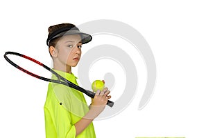 Beautiful fashionable teen girl in bright clothes with accessories tennis racket, balls in hand on white background in Studio.