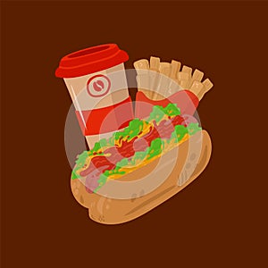Beautiful Fast Food poster. Vector illustration of food on the run, Hot Dog, Coffee, Fries. Cute picture for the kitchen