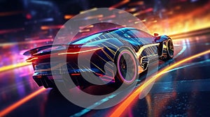 beautiful fast race car sports car is driving fast on the night road with neon rays road. AI generated