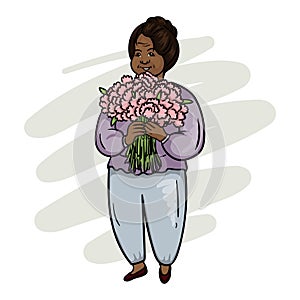 A beautiful fat black woman holds a bouquet of flowers in her hands. Postcard for International Women's Day.