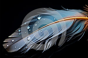 Beautiful feather with water drops isolated on a black background