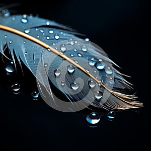 Beautiful feather with water drops isolated on a black background