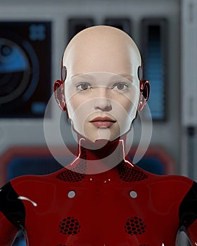 A beautiful female android in red uniform