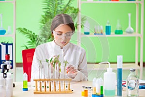 The beautiful female biotechnology scientist chemist working in lab