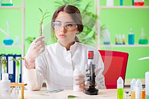 The beautiful female biotechnology scientist chemist working in lab