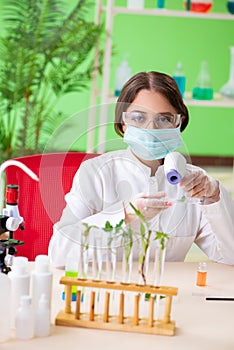 The beautiful female biotechnology scientist chemist working in lab