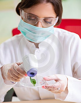 Beautiful female biotechnology scientist chemist working in lab