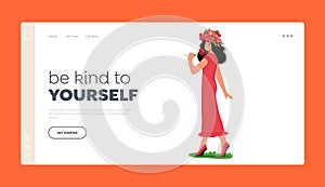 Beautiful Female Character Enjoying Summertime Landing Page Template. Young Girl Wearing Flower Crown and Red Long Dress