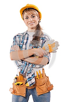 Beautiful female construction worker on photo with