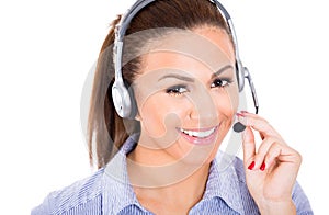Beautiful female customer service representative or operator or help desk support staff wearing a head set