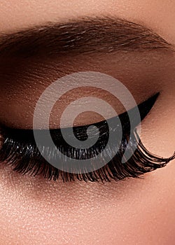 Beautiful female eye with extreme long eyelashes, black liner makeup. Perfect make-up, long lashes. Closeup fashion eyes