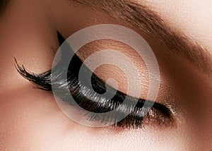 Beautiful female eye with extreme long eyelashes, black liner makeup. Perfect make-up, long lashes. Closeup fashion eyes