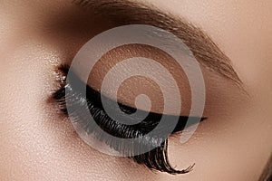 Beautiful female eye with extreme long eyelashes, black liner makeup. Perfect make-up, long lashes. Closeup fashion eyes