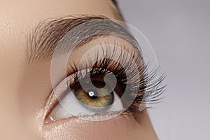 Beautiful female eye with extreme long eyelashes, black liner makeup. Perfect make-up, long lashes. Closeup fashion eyes photo