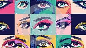 Beautiful female Eyes with long Eyelashes. Dramatic look. Different colors of eyes. Hand drawn. Colorful square seamless