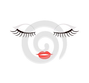 Beautiful Female Face with Closed Eyes. Long Eyelashes and Sexy Red Lush Lips. Sleeping Pretty Woman with Makeup. Line Cartoon