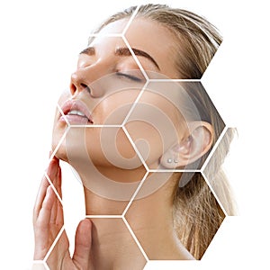 Beautiful female face in honeycombs. Spa and face lifting concept.