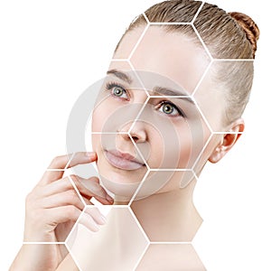 Beautiful female face in honeycombs. Spa and face lifting concept.