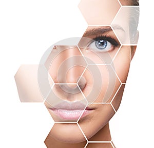 Beautiful female face in honeycombs. Spa concept.