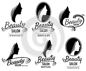 Beautiful female face portrait, woman head silhouette vector logo templates for barber shop, beauty salon, cosmetic photo