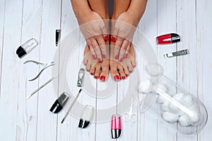 Beautiful female feet at spa salon on pedicure procedure